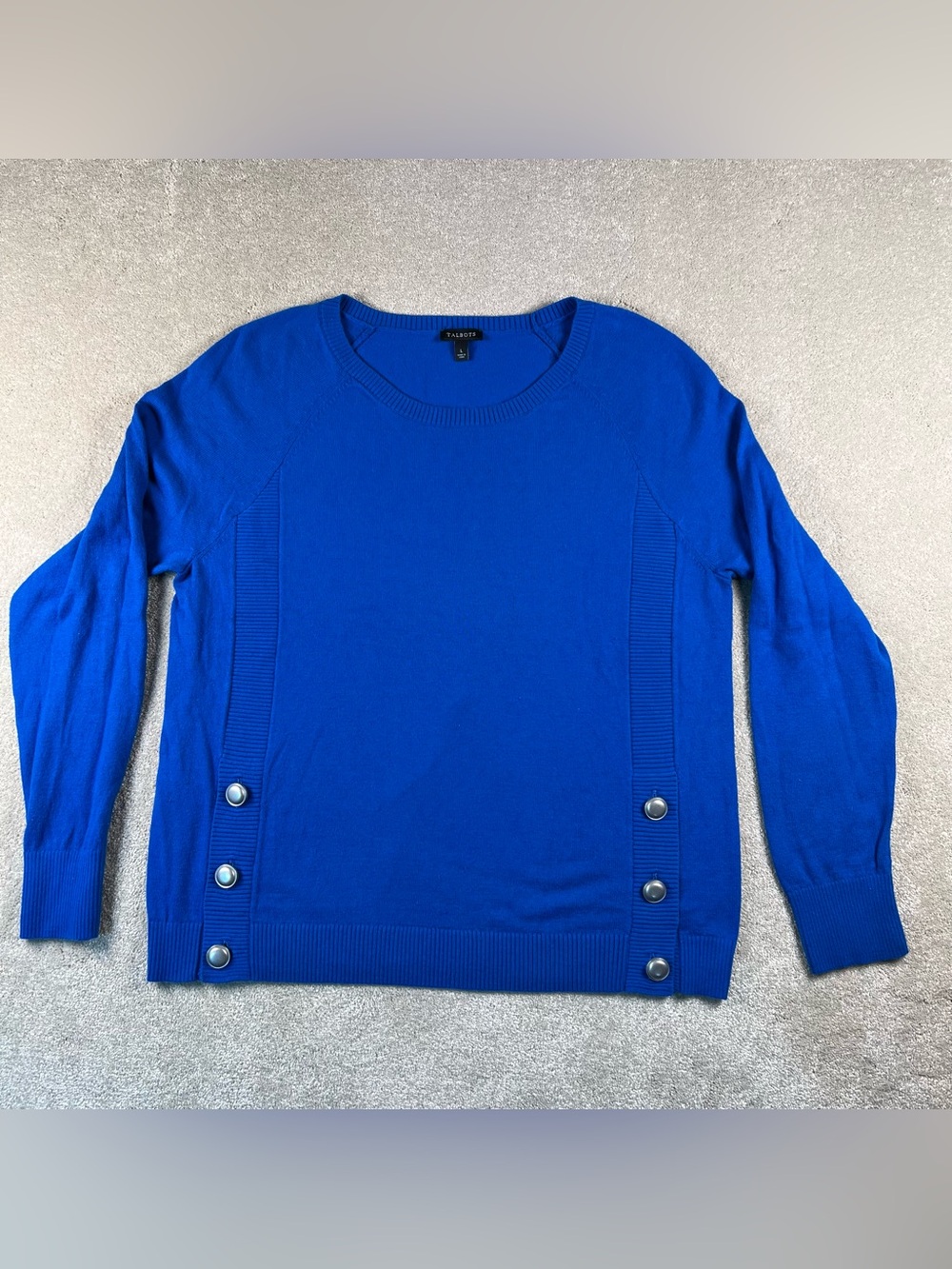 Talbots Sweater Blue Crew Lightweight Side Faux Metal Buttons Women's Large